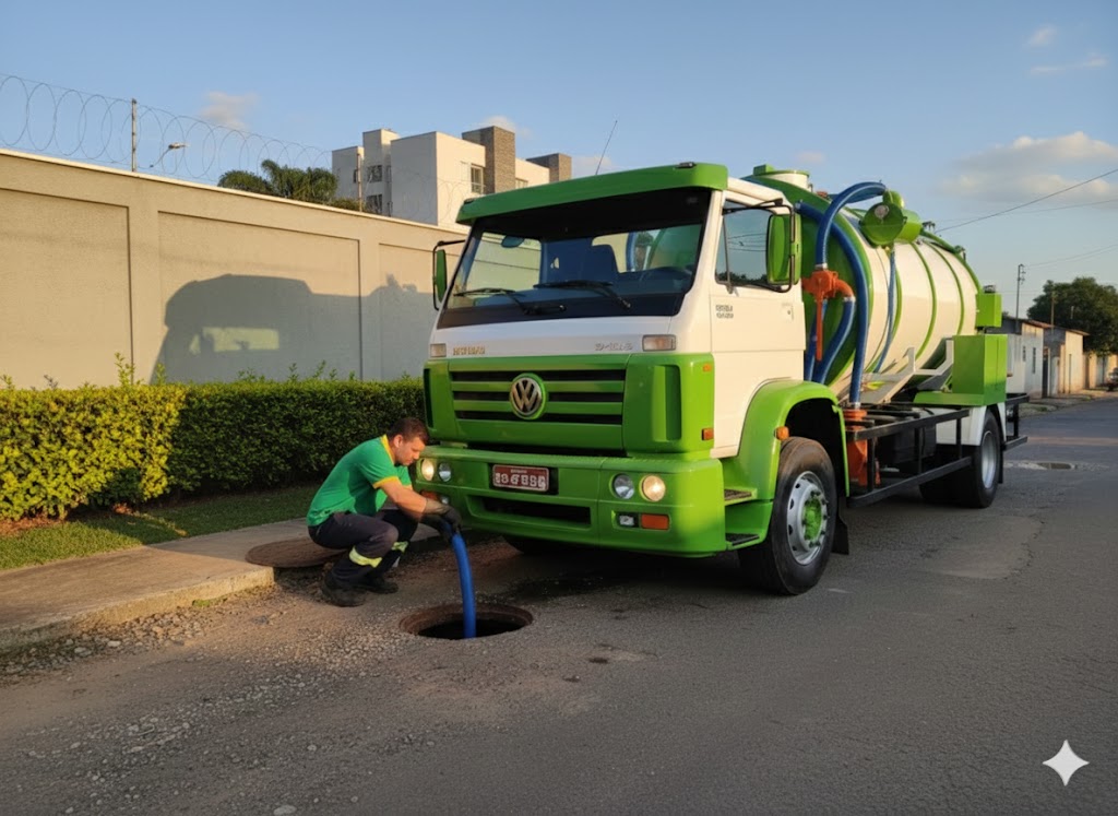 Equipe realizando desentupimento de rede de esgoto